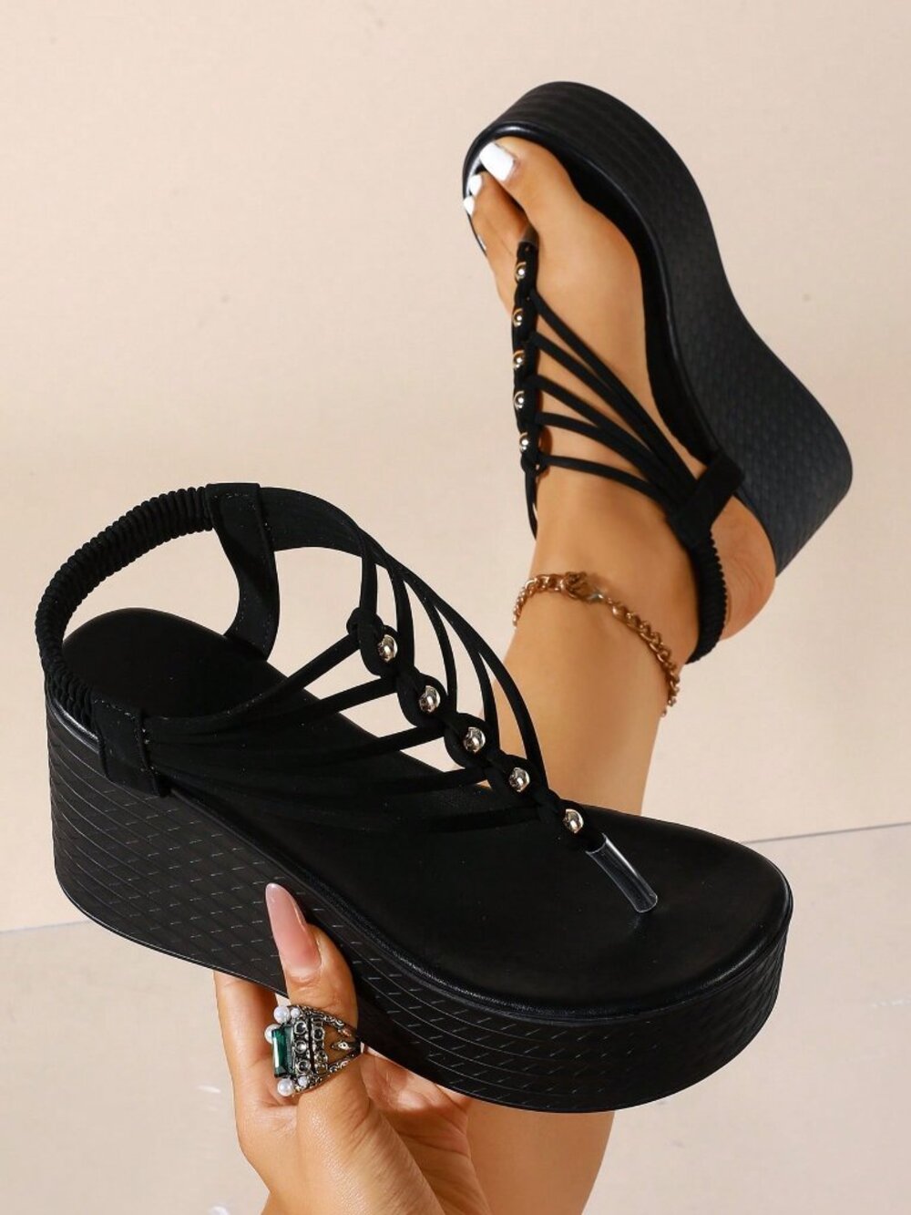 Black Chic Women's Wedge Heel Beaded detailed Thong Sandals - Picture 6 of 10